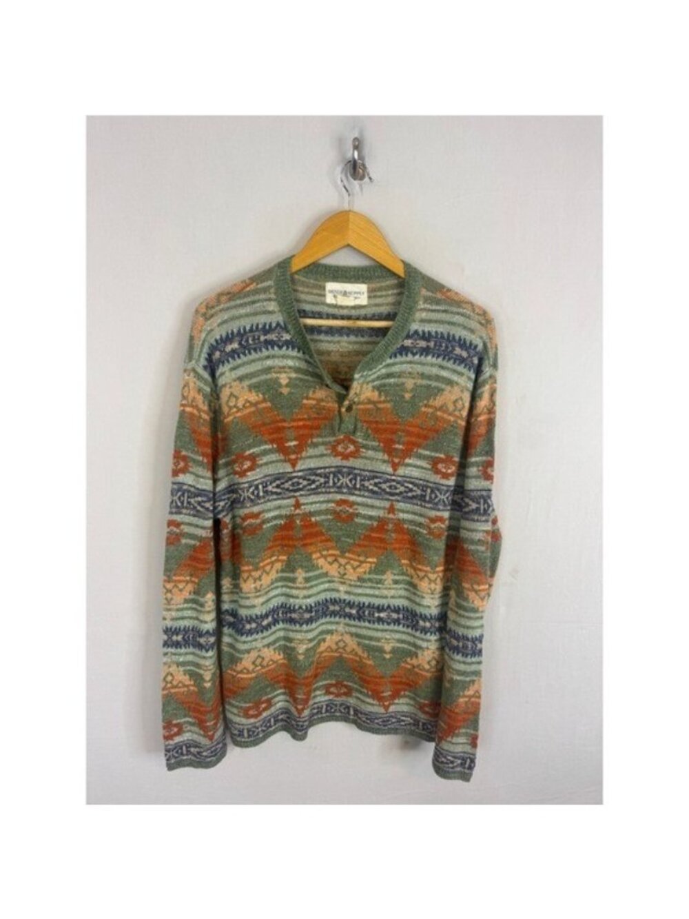 Denim & Supply Ralph Lauren Mens XL Southwestern Cotton Henley Sweater Green